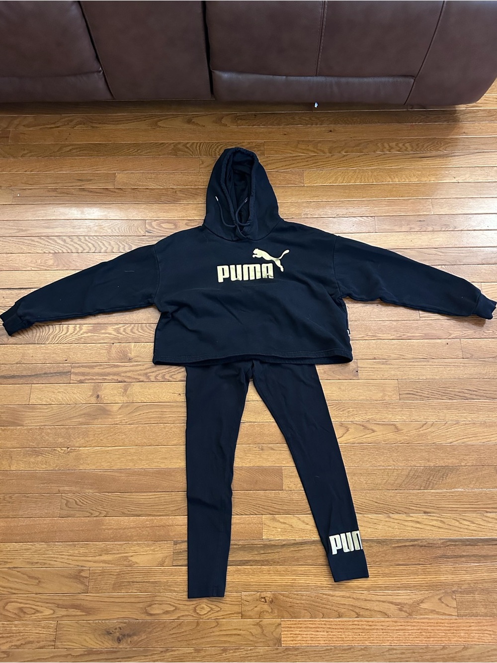 Puma Black Hoodie and Leggings Set with Gold Logo